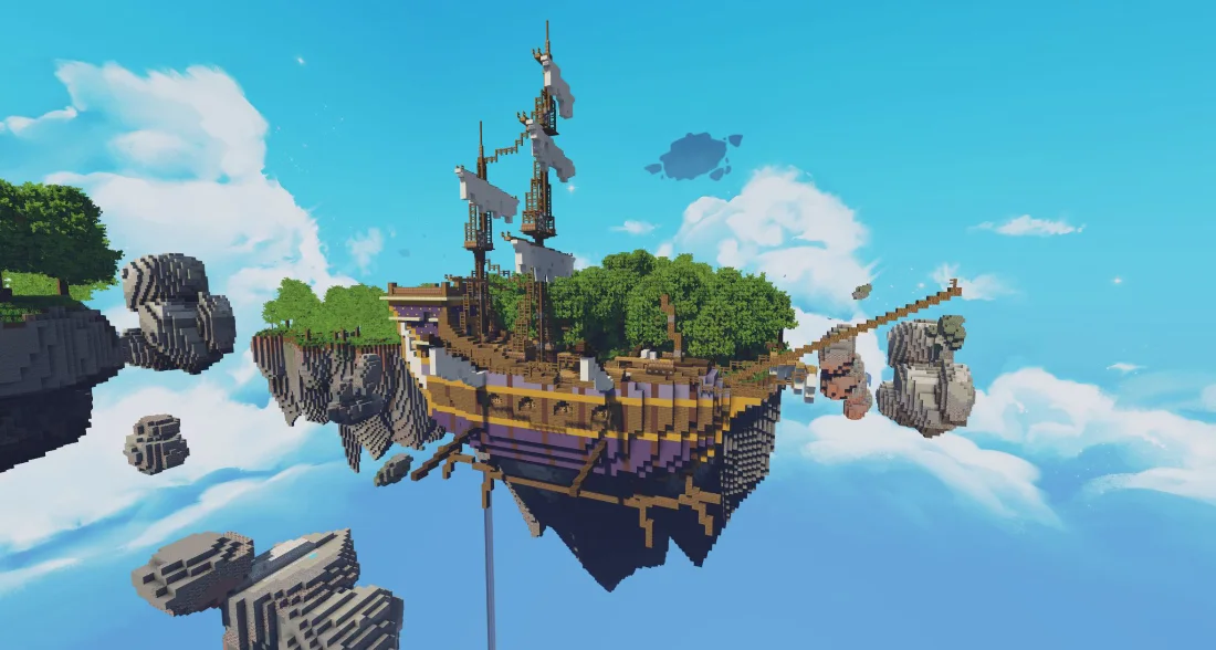 Île volante construite dans Minecraft, navire amarré
