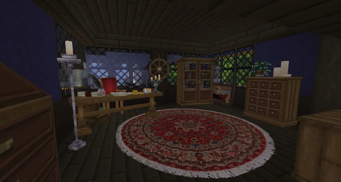 Intérieur meublé, éclairé et habillé dans Minecraft